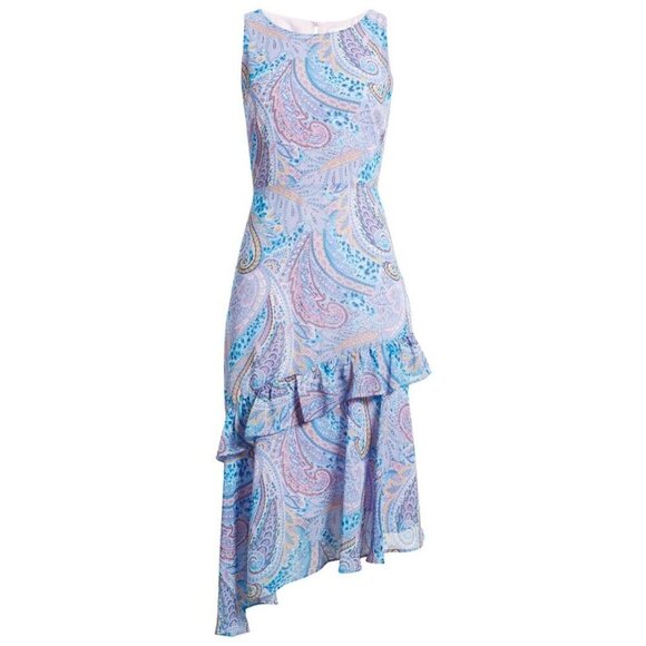 NWT Sam Edelman Summer Paisley Ruffled Midi | Blue Multi Asymmetrical Hem | Sz 4 - Picture 2 of 15